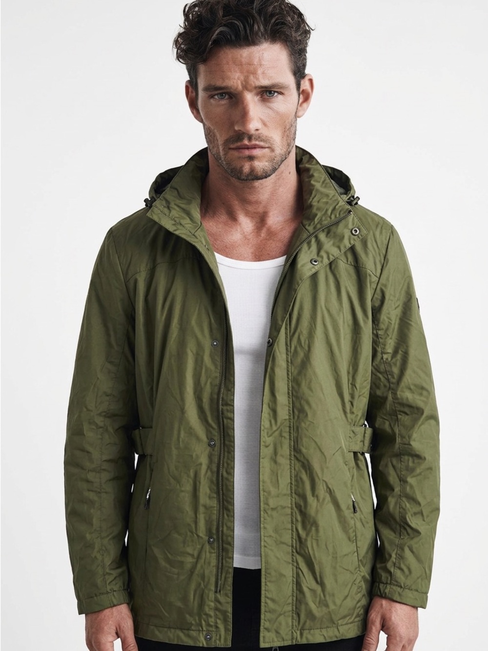Gerry Mens Olive Green Hooded‎ Rain Jacket Windbreaker XL Full Zip Snap Front